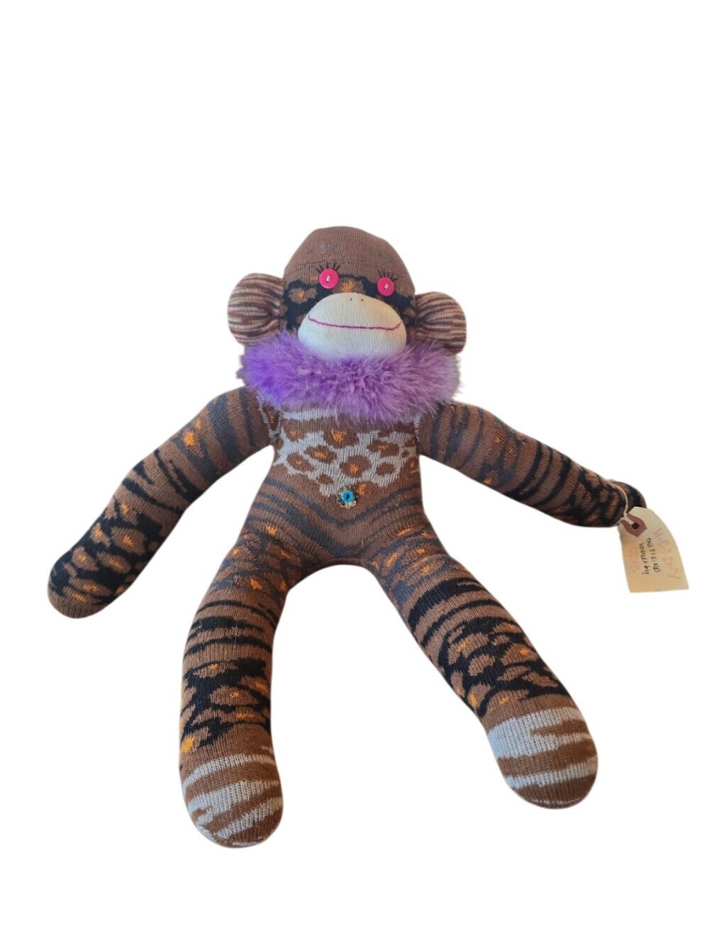 Sock Monkey "Heddy" Brown Black Animal Print Plush Toy Handcrafted By Cazzie